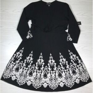 Jessica Howard Sweater Dress Women XL Black Long Sleeve Belted Below Knee New